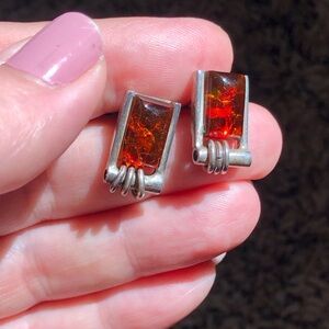 Vintage stamped 925 sterling silver & amber Modernist Minimalist post earrings
